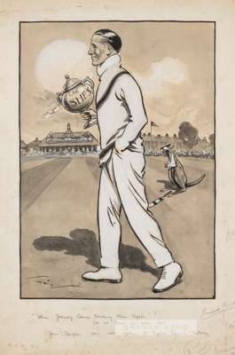 Original artwork by Thorpe depicting a caricature of the England cricket captain Johnny Douglas holding The Ashes trophy circa 1920, 
 Pen, ink and wa