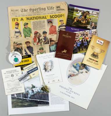 A collection of ephemera from the Stan Mellor MBE collection,
 including race cards, menus including Peter O'Sullevan Annual awards and a private lunc