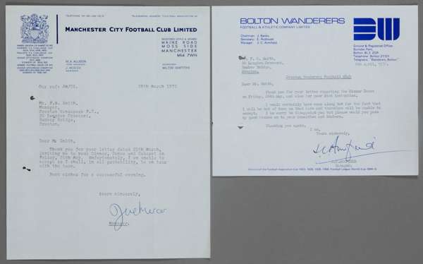 MANCHESTER CITY F.C 1972 JOE MERCER (MANAGER) AND BOLTON WANDERERS F.C 1972 JIMMY ARMFIELD (MANAGER) PAIR OF AUTOGRAPH LETTERS EACH ON RESPECTIVE CLUB