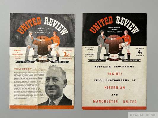 Two Manchester United v. Hibernian match programme, 1952 and 1953
 29th March 1952, signs of fold and 30th September 1953, folds and text team changes