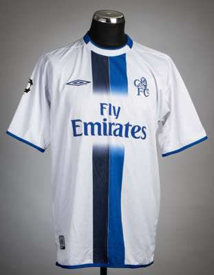 Frank Lampard white and blue Chelsea No.8 away jersey, season 2003-04,
 Umbro, short-sleeved with UEFA STARBALL sleeve badge, club crest and sponsor l