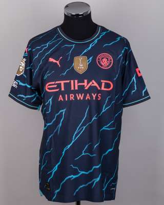 Erling Haaland blue No.9 Manchester City match issued short-sleeved shirt, 2023-24