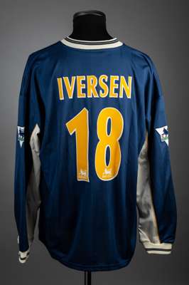 Steffen Iversen blue Tottenham Hotspur no.18 away jersey, season 1997-98,
 Pony, long-sleeved with THE FA PREMIER LEAGUE sleeve badges, club crest and