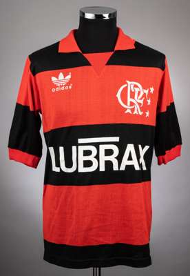 Socrates red and black No.8 Flamengo match worn short-sleeved jersey, 
 Adidas, 10, with v-neck collar and felt badge CRF

 The jersey was worn by Soc