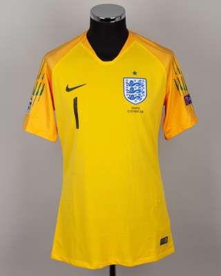 Jordan Pickford yellow and green No.1 England v. Croatia short-sleeved shirt, 2018
