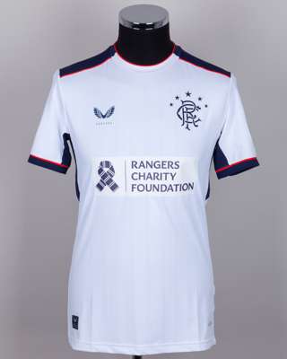 Ryan Kent white and blue No.14 Rangers v. Lech Poznan match issued short-sleeved shirt, 2020