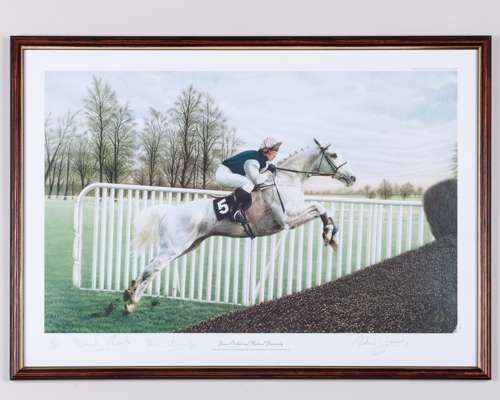 Limited edition print of racehorse Desert Orchid signed by owner, trainer & jockey