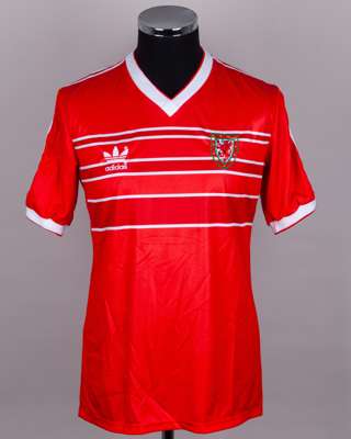 Joey Jones red and white No.3 Wales v. England short-sleeved shirt, 1984