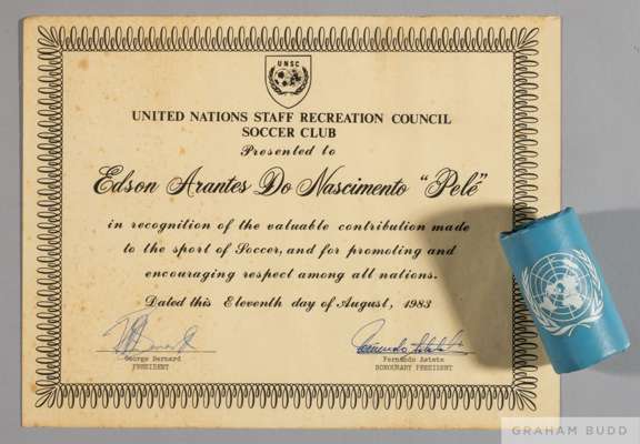 A certificate presented to Pelé on August 11, 1983, by the United Nations Staff Recreation Council Soccer Club, 
 recognizing him for his "valuable co