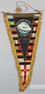 Large England 1966 World Cup pennant,
 the triangular pennant with gilt tassel edge, printed with flags of the participating countries surrounding WOR
