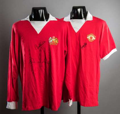 Two Manchester United retro home jerseys bearing signatures of the 'Holy Trinity' George Best, Bobby Charlton & Denis Law, the first double-signed by 