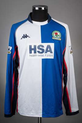 Andy Cole blue and white No.9 Blackburn Rovers long-sleeved jersey, 2003-04, 
 Kappa, with crew-neck collar and embroidered cloth badge inscribed BLAC