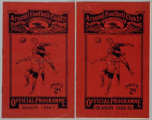 Two Arsenal home match programmes, 
 comprising Newcastle United, 12th November 1932 and Manchester United, F.A. Cup 4th Round, 30th January 1937, (2)