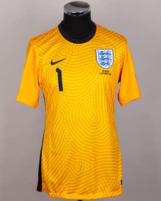 Jordan Pickford yellow No.1 England v. Belgium goalkeeper shirt, 2020