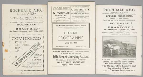 Three Rochdale home programmes,  

F.L. Division Three fixtures, two v Bradford Park Avenue 24th January 1925 and 16th April 1927, and v Gateshead 24t