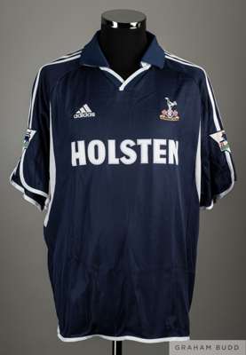 Serhiy Rebrov blue and white No.11 Tottenham Hotspur match worn short-sleeved shirt, 2000-01, 
 Adidas, XL, with v-neck collar and embroidered badge i