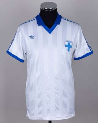 John Byrne - Jantti white and blue No.5 Finland match worn short-sleeved shirt, 1990