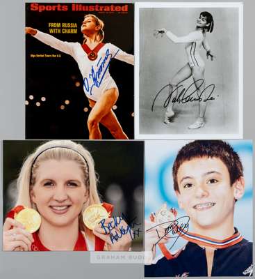 Athletics & Olympian stars signed miscellany,
 contained in a ring binder, with signatures from Korbut, Comaneci, Phelps, Spitz (2), Hoy, Wiggins, Ain