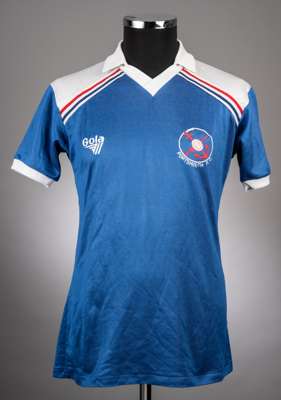 Portsmouth blue, white and red No.2 jersey, 1980-82, 
 Gola, 38/40", with v-neck collar and embroidered badge inscribed PORTSMOUTH F.C.