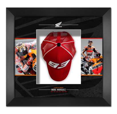 Moto GP Racing six times World Champion Marc Marquez signed & framed Marquez No 93 official merchandise cap, 
 frame measuring 55 by 51 by 16cm. deep,