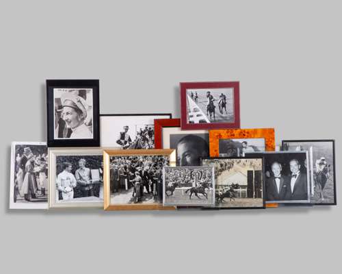 Group of twelve framed b&w photographs of the jockey Lester Piggott