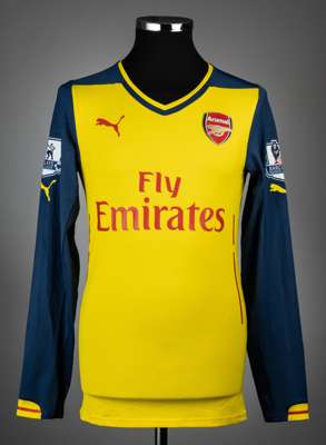 Aaron Ramsey yellow and navy Arsenal no.16 jersey v Stoke City, played at Britannia Stadium, 6th December 2014, 
 match issue, Puma, long-sleeved with