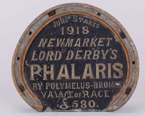 Racing plate worn by Lord Derby's Phalaris when winning the 1918 June Stakes at Newmarket