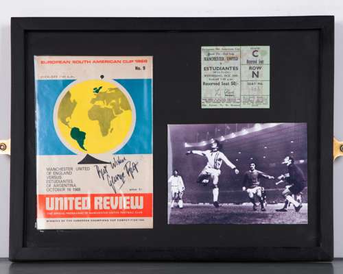 George Best autographed Manchester United v. Estudiantes programme and ticket display, 1968