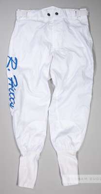 Richard Hills race-worn jockey breeches,
 with embroidered R. HILLS logo in royal blue, bearing Hyland Sportswear makers label on interior, size M, sl