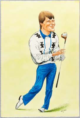 Nick Faldo original watercolour painting by renowned caricature artist John Ireland being the proof for the caricature printed in the caricature golf 
