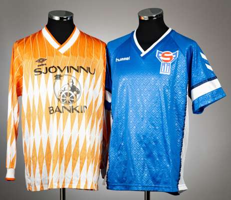 Blue Faroe Islands no.18 away jersey, circa mid 1990s,
 Hummel, short-sleeved, with emblem, reverse numbered 18, aertex side panels with slight staini