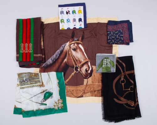 Group of seven horse racing/equestrian scarves and handkerchiefs