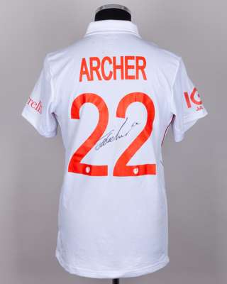 Jofra Archer white and red No.22 England v. India match worn, autographed Red For Ruth shirt