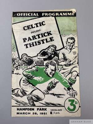 Celtic v. Partick Thistle Glasgow Cup Final replay match programme, 26th March 1951
  signs of folds, some slight staining, edges rubbed