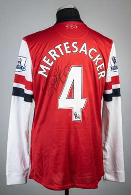 Per Mertesacker signed red Arsenal no.4 home jersey, season 2013-14,
 Nike, long-sleeved with BARCLAYS PREMIER LEAGUE sleeve badges, embroidered club 