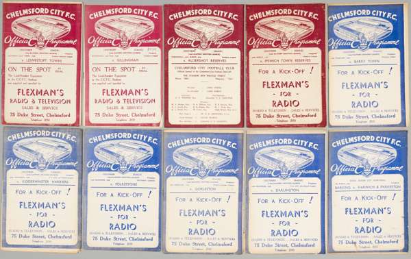 Chelmsford City season 1938-39 collection of programmes Southern League,
 includes Gillingham, Aldershot Reserves, Ipswich Town Reserves, Barry Town, 