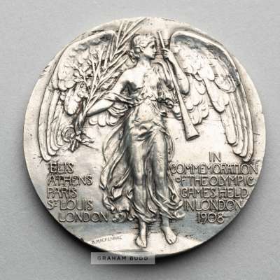London 1908 Olympic Games participant's medal,
 designed by Bertram Mackennal, pewter, obverse depicting a Greek four-horsed chariot with the driver a