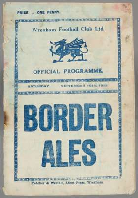 Wrexham v Chester programme 16th September 1933, 

F.L. Division Three (North), Fragile, water stained and damaged, paper loss and apparent holes and 