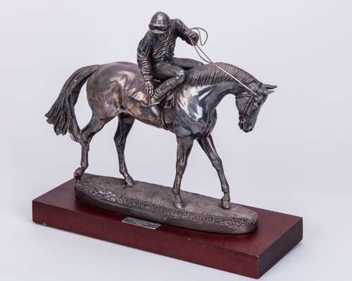 Silver racehorse & jockey trophy for the 1996 Persian War Hurdle at Chepstow