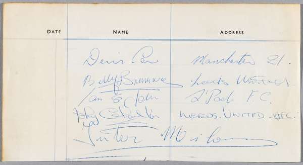 Bremner, Charlton, Law, St John & Milburn autographed football visitors book part page,
 signed by each (with additional team name in own hand by Bill
