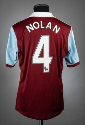 Kevin Nolan claret West Ham United no.4 home jersey, season 2013-14,
 match-issue, Adidas, short-sleeved with BARCLAYS PREMIER LEAGUE sleeve badges, c