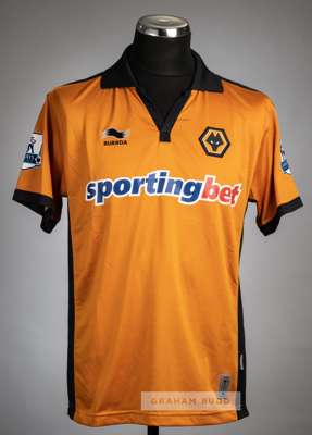 Karl Henry orange Wolverhampton Wanderers No.8 home jersey v Arsenal at Molineux Stadium, 10th November 2010,
 Burrda, short-sleeved with BARCLAYS PRE