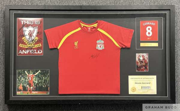 Steven Gerrard autographed framed display
 comprising signed replica shirt, multi signed Anfield card, various photographs, certificate of authenticit