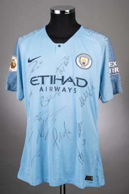 Vincent Kompany sky-blue No.4 Manchester City short-sleeved jersey, 2018-19, 
 Nike, XL, with button-up collar and badge, the reverse lettered KOMPANY