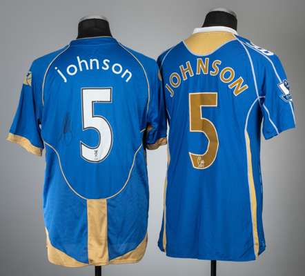 Glen Johnson signed blue Portsmouth UEFA Cup no.5 home jersey, season 2008-09,
 Canterbury, short-sleeved with UEFA CUP sleeve badge, club crest, embr