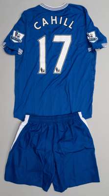Tim Cahill blue Everton no.17 home jersey, season 2009-10,
 Le Coq Sportif, short-sleeved with BARCLAYS PREMIER LEAGUE sleeve badges, club crest and s