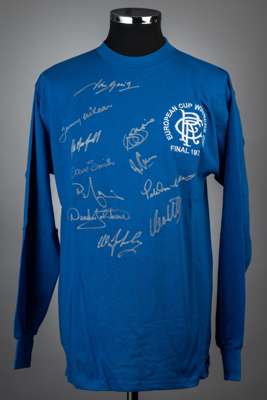 Rangers team signed blue 1972 European Cup Winners' Cup final retro jersey,
 Score Draw, long-sleeved with club crest and embroidered EUROPEAN CUP WIN