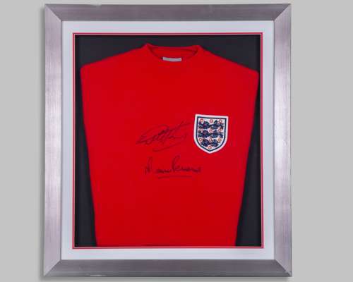 Geoff Hurst and Martin Peters autographed red England replica shirt display
