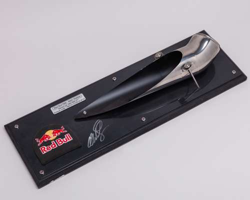 Mark Webber Signed 2010 Red Bull Racing Exhaust Outlet & Helmet Pad Display