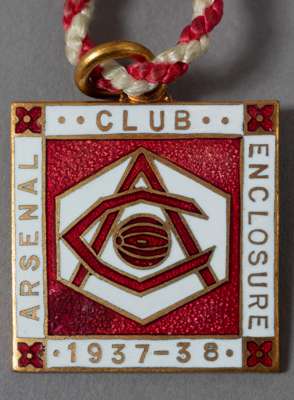 Arsenal red and white enamelled enclosure badge, season 1937-38, 
 bearing Arsenal AC monogram on red and white square badge, reverse numbered 107 and